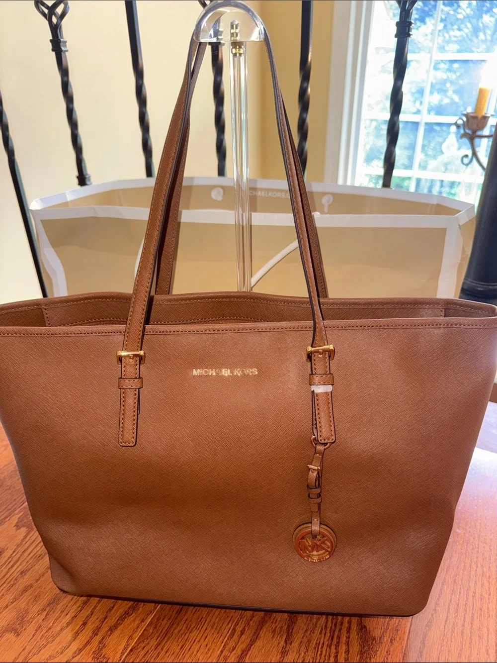 Michael Kors Brown Saffiano Tote with Gold Logo Charm
